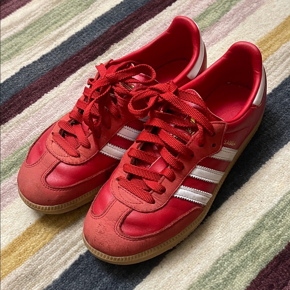 Adidas Red Samba Sneakers with White Stripes